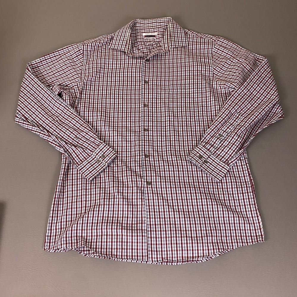 Van Heusen Plaid Button Up Shirt Mens 16 34/35 Flex Collar Gingham Burgundy Blue
